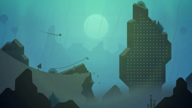 Un'altra scena di Alto's Odyssey al tramonto, con la tavola in aria sopra una duna
