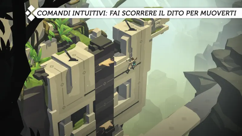 Lara Croft in un tempio isometrico tra colonne, trappole e statue di pietra in Lara Croft GO