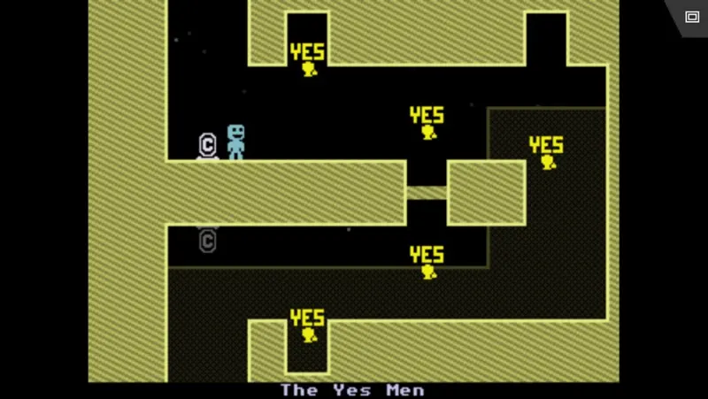 Livello di VVVVVV in stile Commodore 64, con corridoi a blocchi e il personaggio che cade verso l'alto